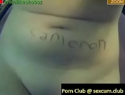 Wild asian girl wrote her name Cameron on her belly so you won'_t forget the girl that gave hers